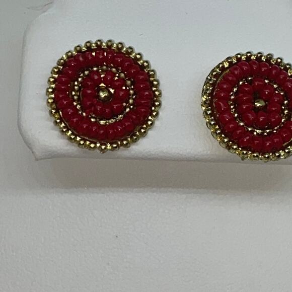 Gold-Tone Burgundy Red Beaded Stud Earrings - Picture 2 of 6